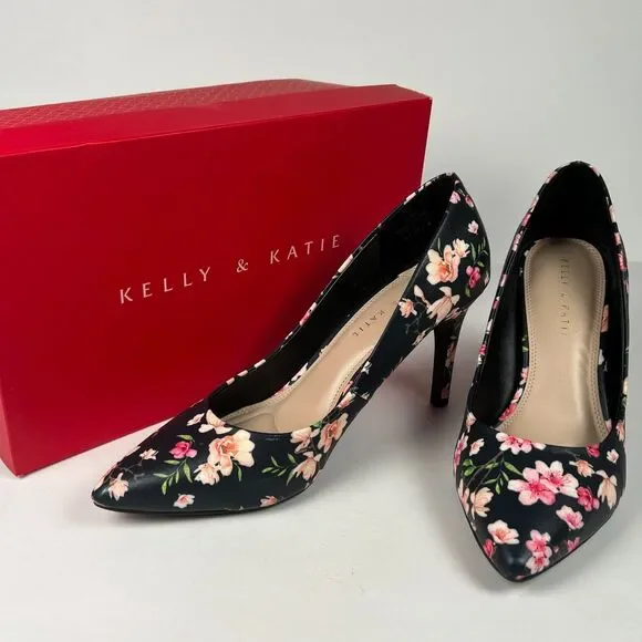 Kelly & Katie Sz 10 Navy Astivia Floral Pumps Heels Flowers Spring Pumps - Picture 1 of 11
